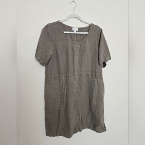 Pure Jill Olive Green Short Sleeve Linen Dress with Pockets | Large Petite